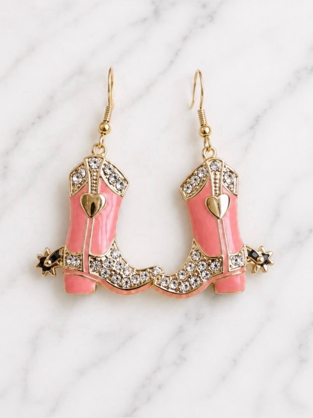 Gold & Pink enamel rhinestone Cowboy Boot Dangle Earrings - Women Jewelry
